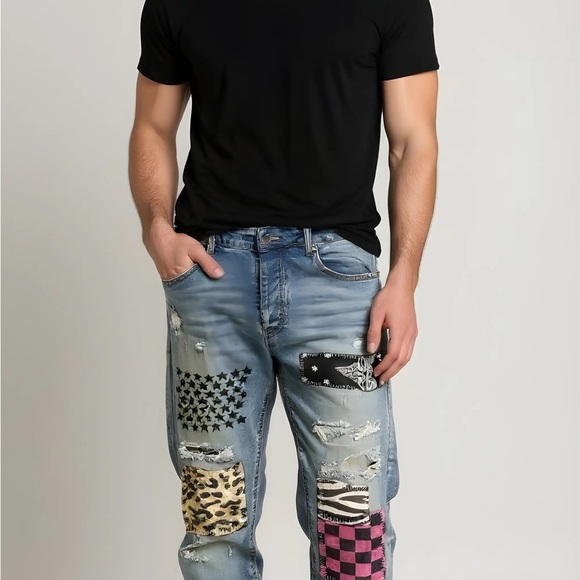 AMIRI Light Blue Skinny Jeans with Patterned Patches - Picture 10 of 10